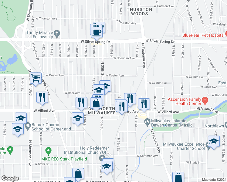 map of restaurants, bars, coffee shops, grocery stores, and more near 5337 North 34th Street in Milwaukee