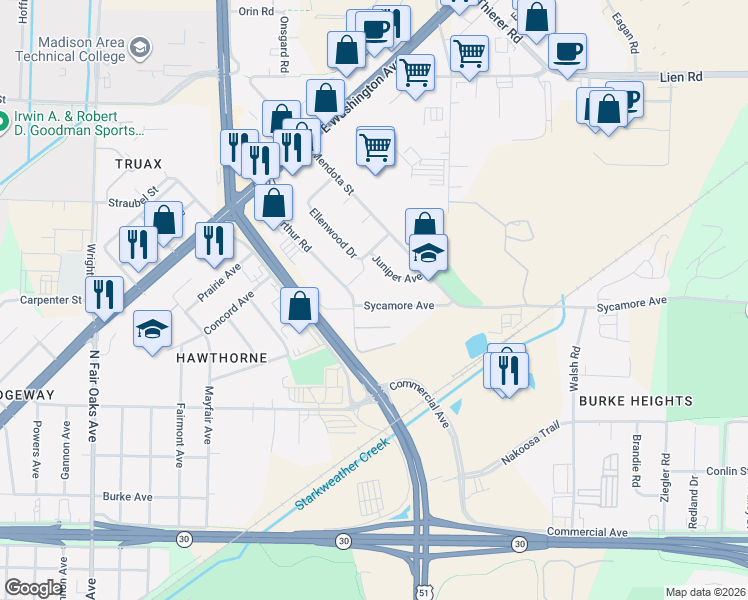 map of restaurants, bars, coffee shops, grocery stores, and more near 3725 MacArthur Court in Madison