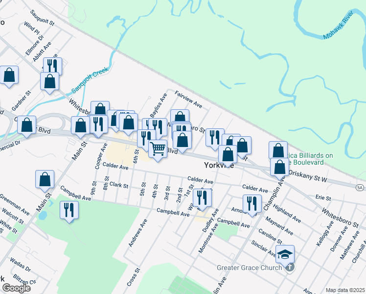 map of restaurants, bars, coffee shops, grocery stores, and more near 300 Oriskany Boulevard in Yorkville