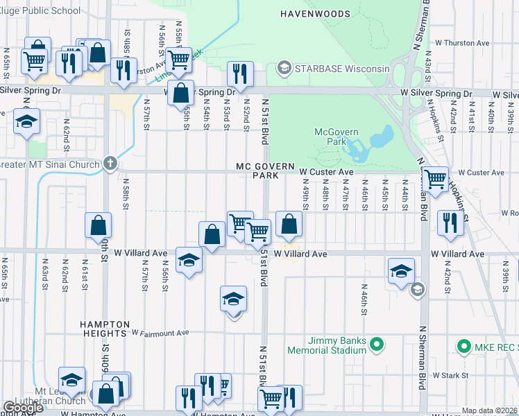 map of restaurants, bars, coffee shops, grocery stores, and more near 5329 North 51st Boulevard in Milwaukee