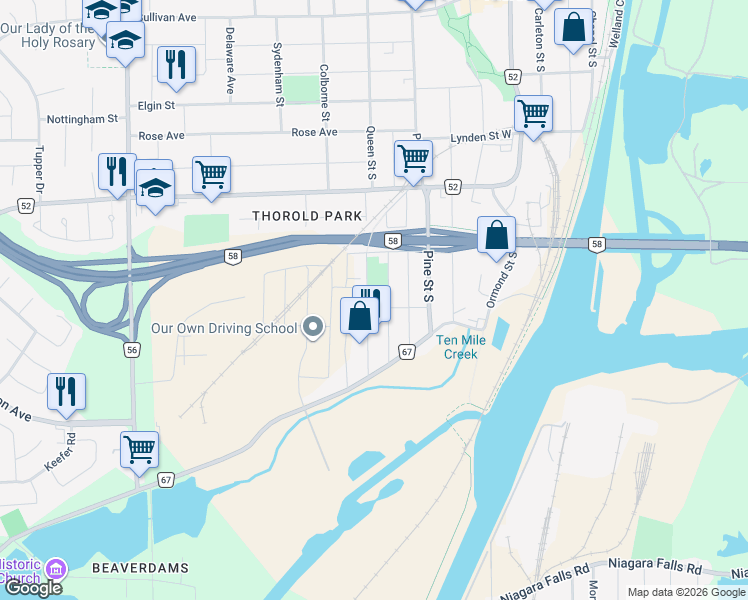 map of restaurants, bars, coffee shops, grocery stores, and more near 154 Queen Street South in Thorold