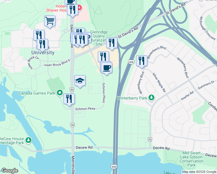 map of restaurants, bars, coffee shops, grocery stores, and more near 3460 Schmon Parkway in Thorold