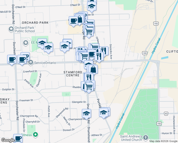 map of restaurants, bars, coffee shops, grocery stores, and more near 6152 Thorold Stone Road in Niagara Falls