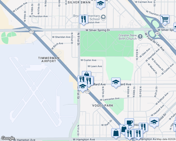 map of restaurants, bars, coffee shops, grocery stores, and more near 5310 North 90th Street in Milwaukee