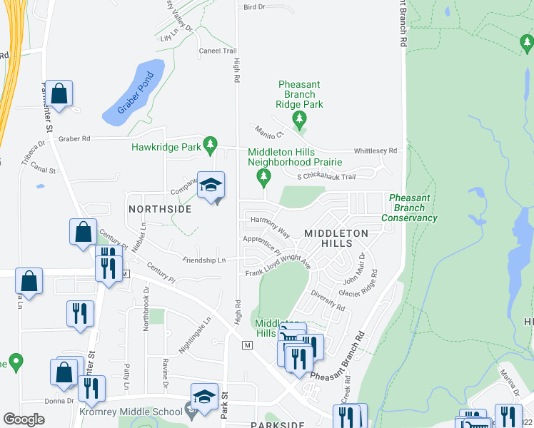 map of restaurants, bars, coffee shops, grocery stores, and more near 6968 Harmony Way in Middleton