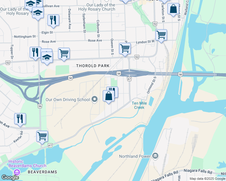 map of restaurants, bars, coffee shops, grocery stores, and more near 152 Queen Street South in Thorold