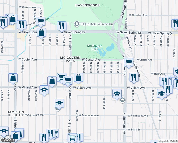 map of restaurants, bars, coffee shops, grocery stores, and more near 5309 North 48th Street in Milwaukee
