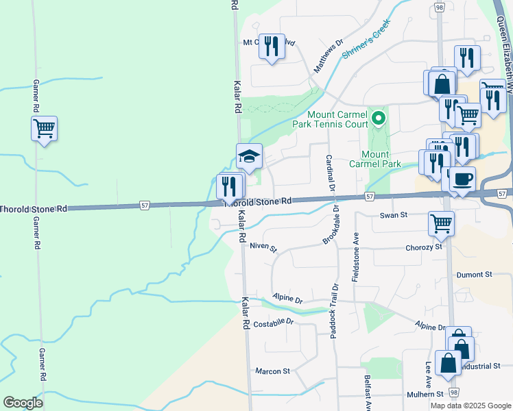 map of restaurants, bars, coffee shops, grocery stores, and more near 8204 Thorold Stone Road in Niagara Falls