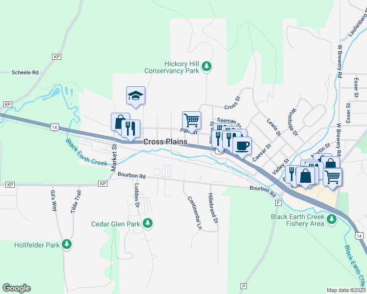 map of restaurants, bars, coffee shops, grocery stores, and more near 1522 Main Street in Cross Plains