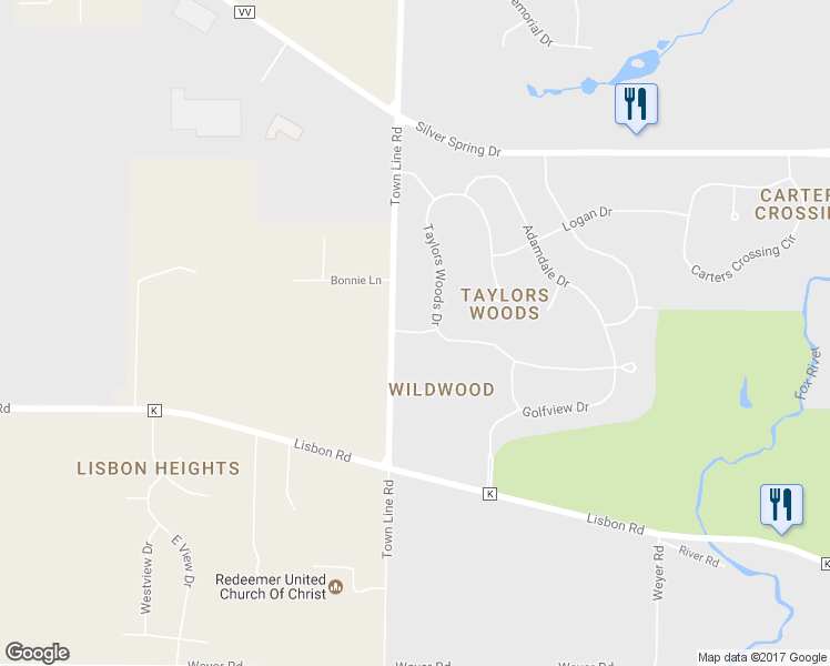 map of restaurants, bars, coffee shops, grocery stores, and more near Redbud Lane in Menomonee Falls