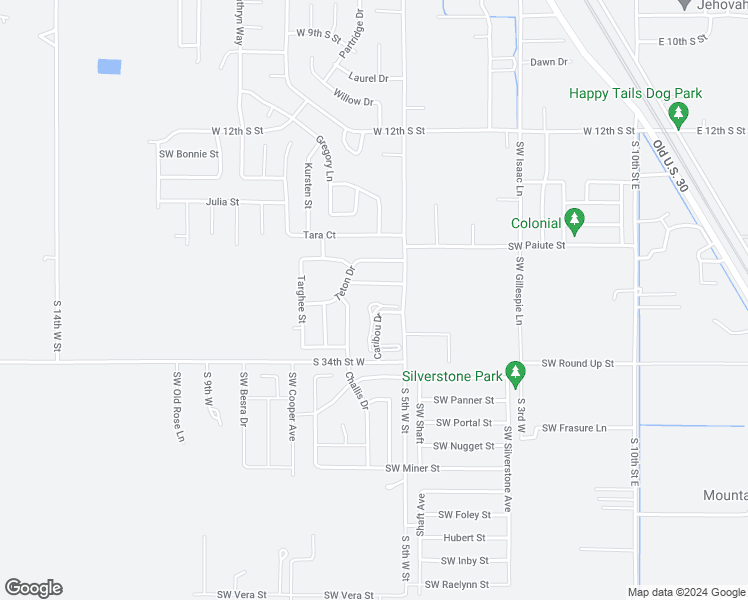 map of restaurants, bars, coffee shops, grocery stores, and more near 525 Sawtooth Street in Mountain Home