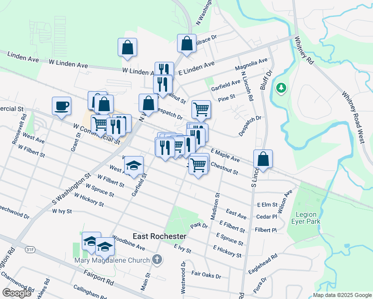 map of restaurants, bars, coffee shops, grocery stores, and more near 116 West Maple Avenue in East Rochester