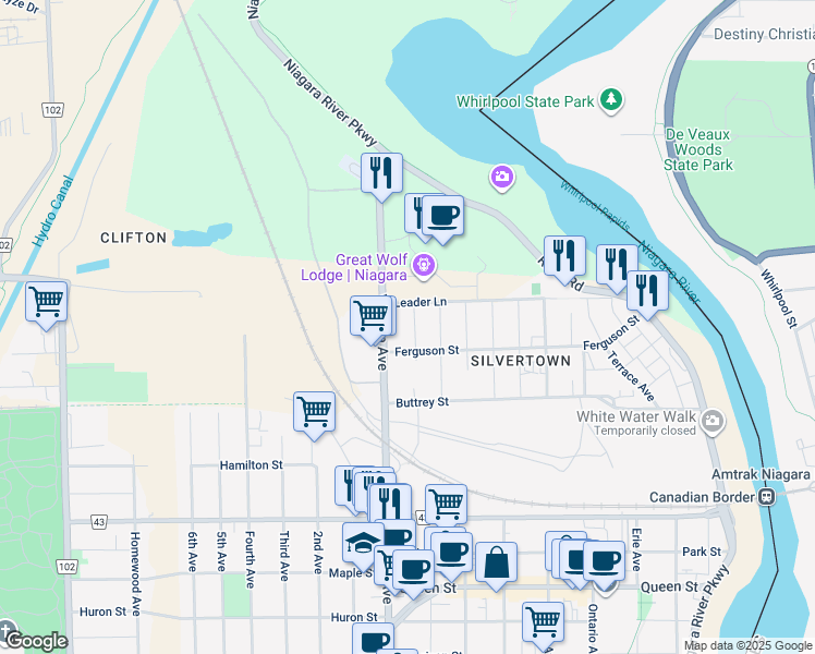 map of restaurants, bars, coffee shops, grocery stores, and more near in Niagara Falls