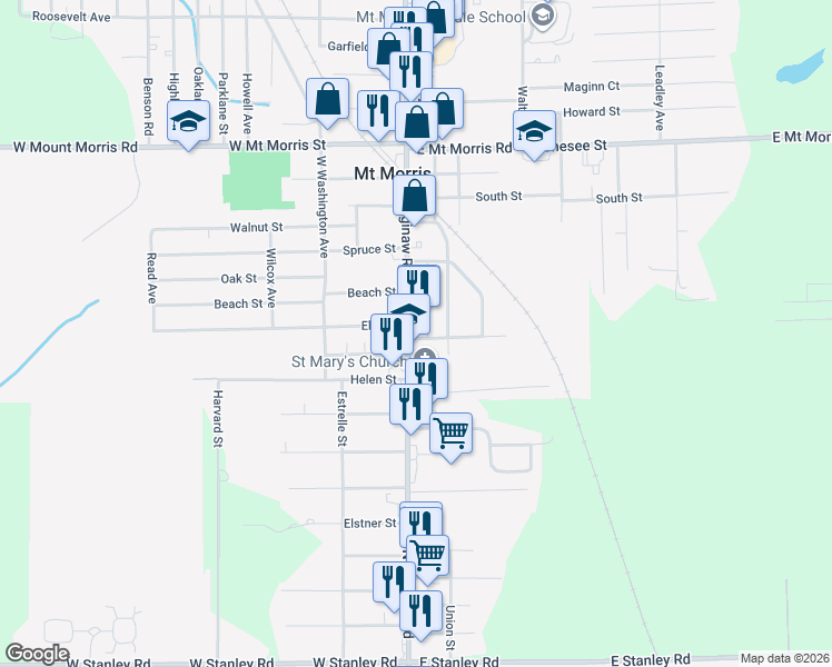 map of restaurants, bars, coffee shops, grocery stores, and more near 11360 Saginaw Street in Mount Morris