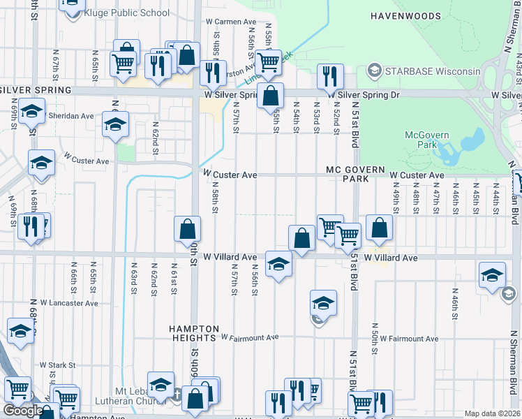 map of restaurants, bars, coffee shops, grocery stores, and more near 5331 North 56th Street in Milwaukee