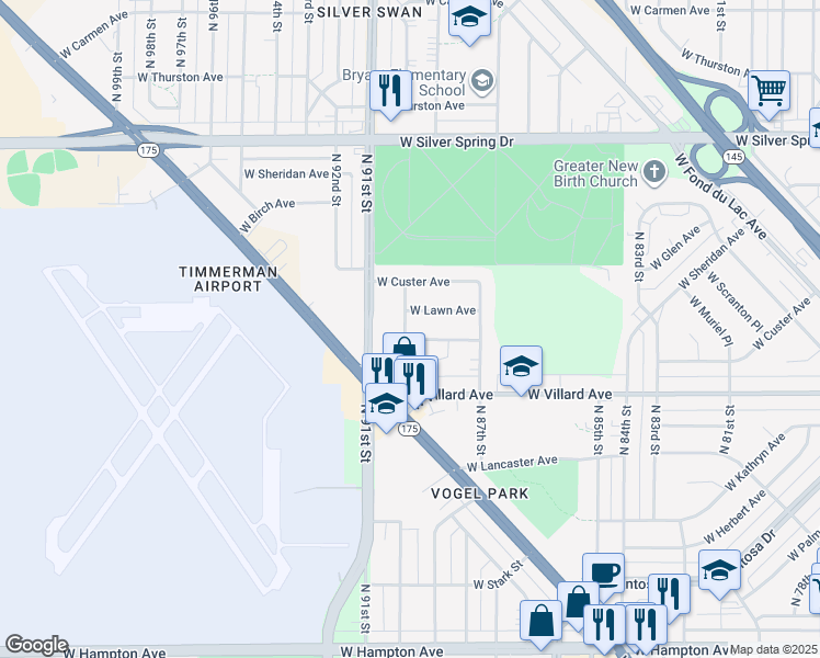 map of restaurants, bars, coffee shops, grocery stores, and more near 5310 North 90th Street in Milwaukee