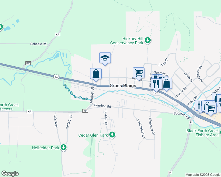 map of restaurants, bars, coffee shops, grocery stores, and more near 1203 Main Street in Cross Plains