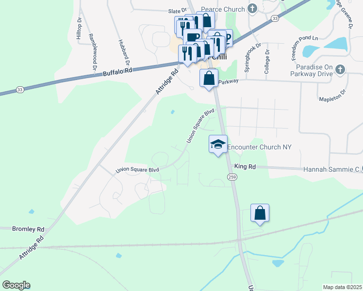 map of restaurants, bars, coffee shops, grocery stores, and more near 154 Union Square Boulevard in North Chili