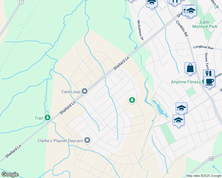 map of restaurants, bars, coffee shops, grocery stores, and more near Munro Circle in Brantford