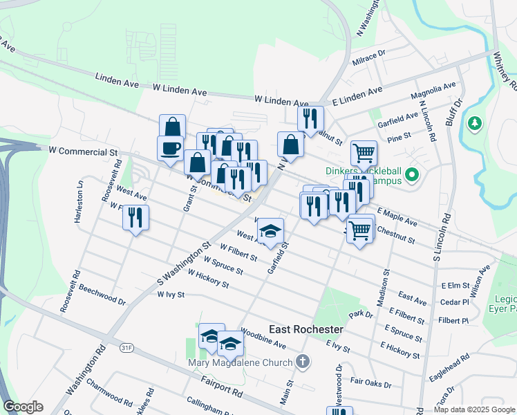 map of restaurants, bars, coffee shops, grocery stores, and more near 237 West Commercial Street in East Rochester