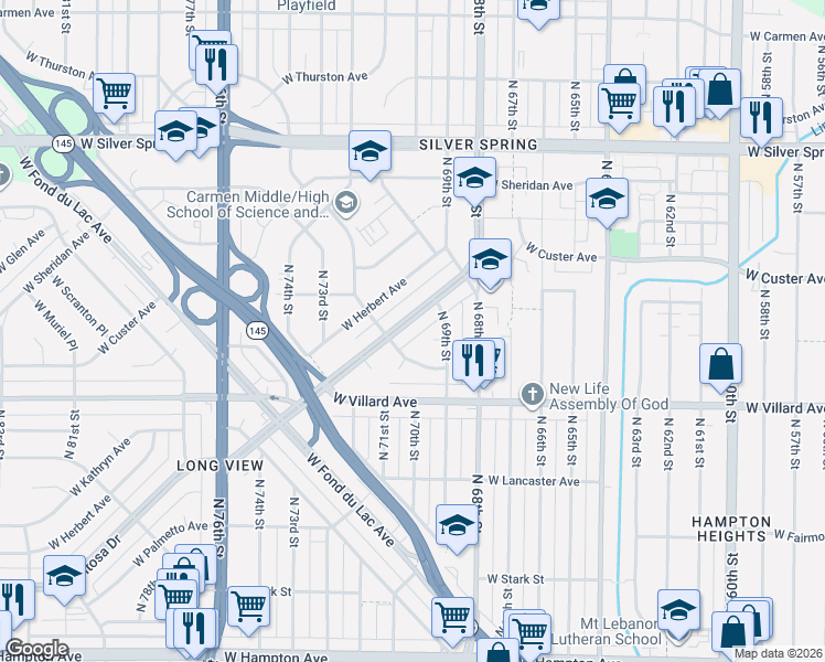 map of restaurants, bars, coffee shops, grocery stores, and more near 7028 West Grantosa Drive in Milwaukee