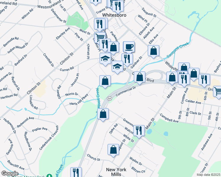 map of restaurants, bars, coffee shops, grocery stores, and more near 5127 Commercial Drive in Whitesboro