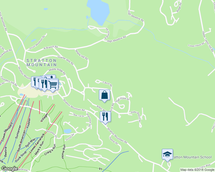 map of restaurants, bars, coffee shops, grocery stores, and more near 65 East Birch Road in Stratton