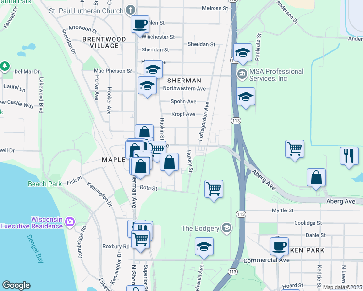 map of restaurants, bars, coffee shops, grocery stores, and more near 1310 Huxley Street in Madison