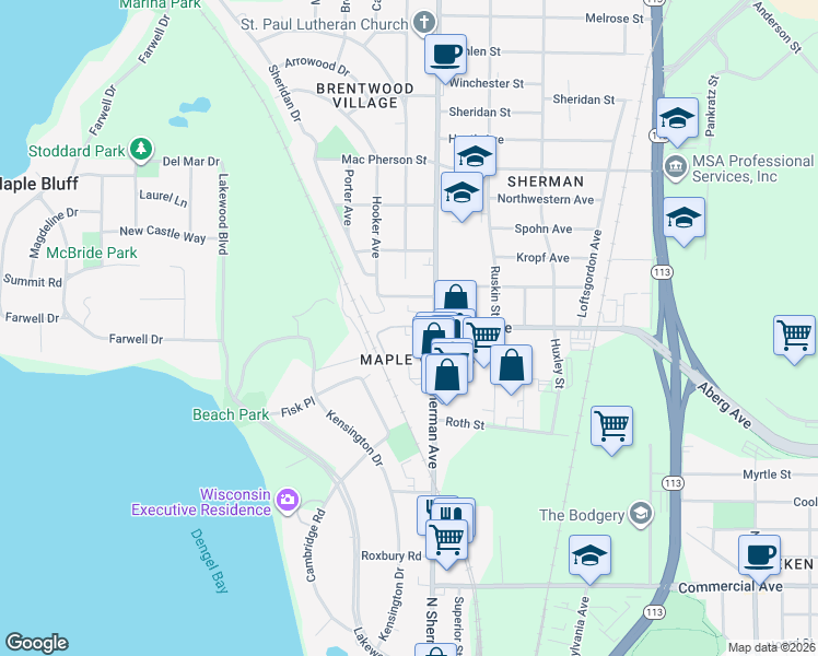map of restaurants, bars, coffee shops, grocery stores, and more near 98 Maple Wood Lane in Madison