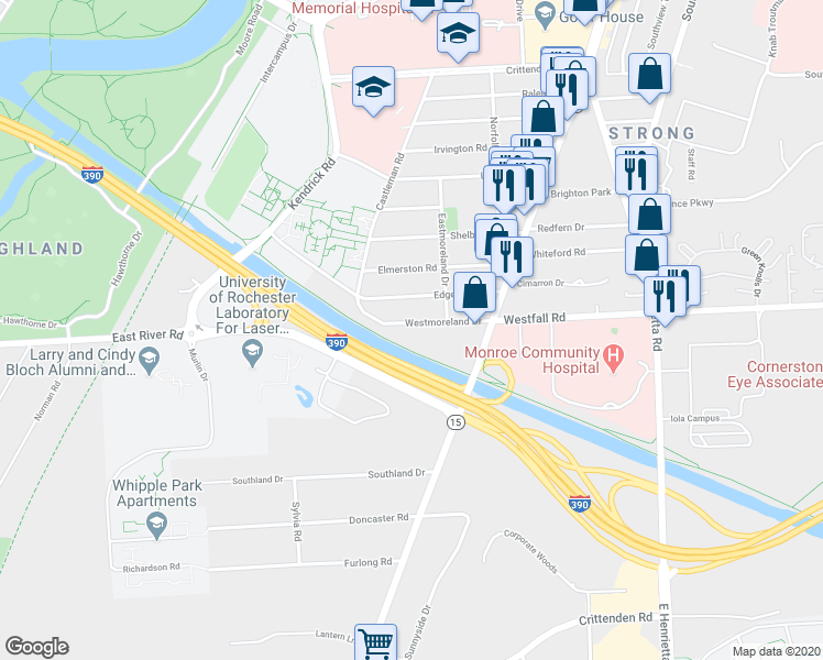 map of restaurants, bars, coffee shops, grocery stores, and more near 109 Westmoreland Drive in Rochester