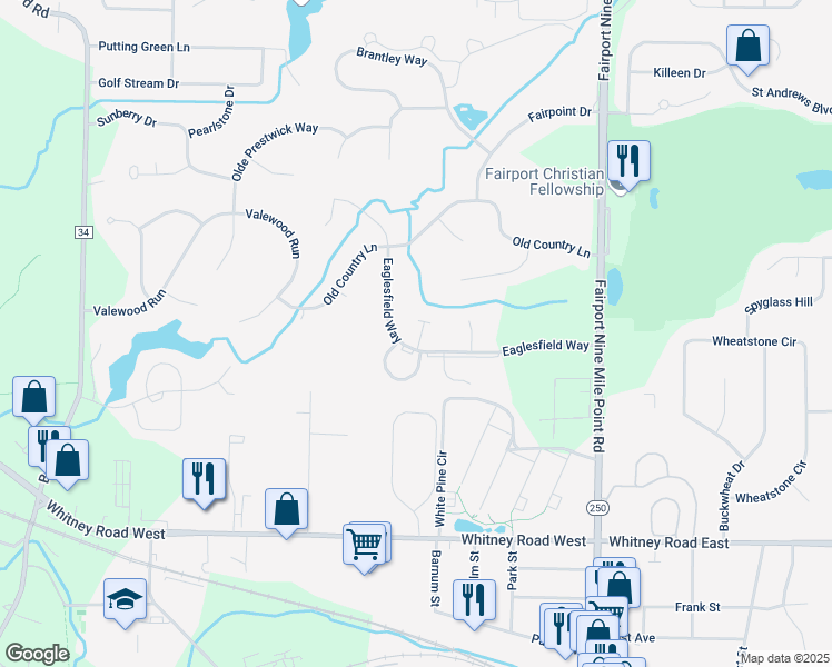 map of restaurants, bars, coffee shops, grocery stores, and more near 100 Eaglesfield Way in Fairport