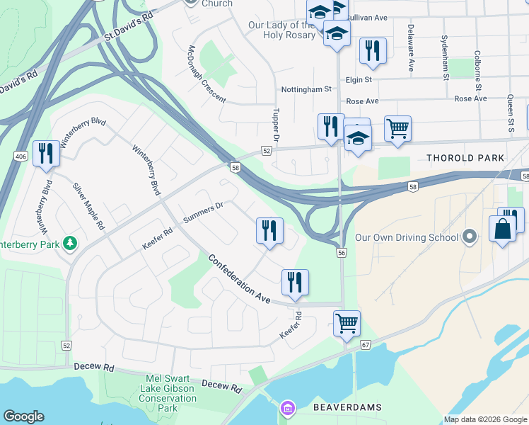 map of restaurants, bars, coffee shops, grocery stores, and more near in Thorold