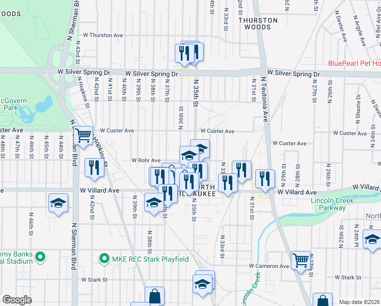 map of restaurants, bars, coffee shops, grocery stores, and more near 5317 North 35th Street in Milwaukee