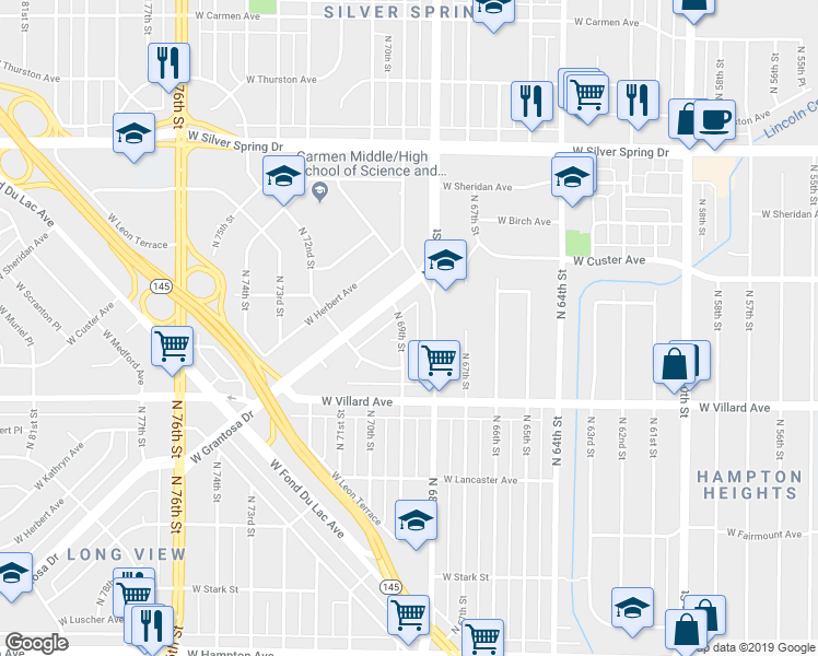 map of restaurants, bars, coffee shops, grocery stores, and more near 5308 North 69th Street in Milwaukee