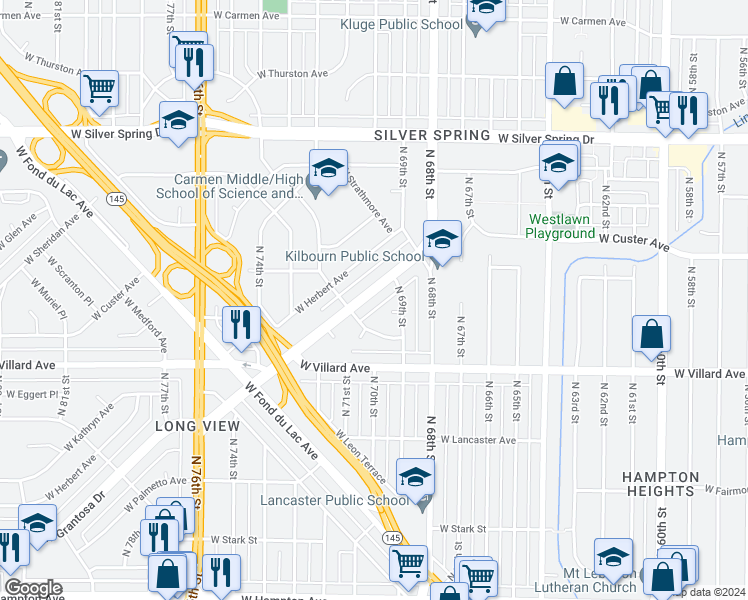 map of restaurants, bars, coffee shops, grocery stores, and more near 7001 West Grantosa Drive in Milwaukee