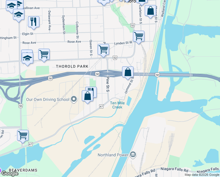 map of restaurants, bars, coffee shops, grocery stores, and more near 166 Pine Street South in Thorold