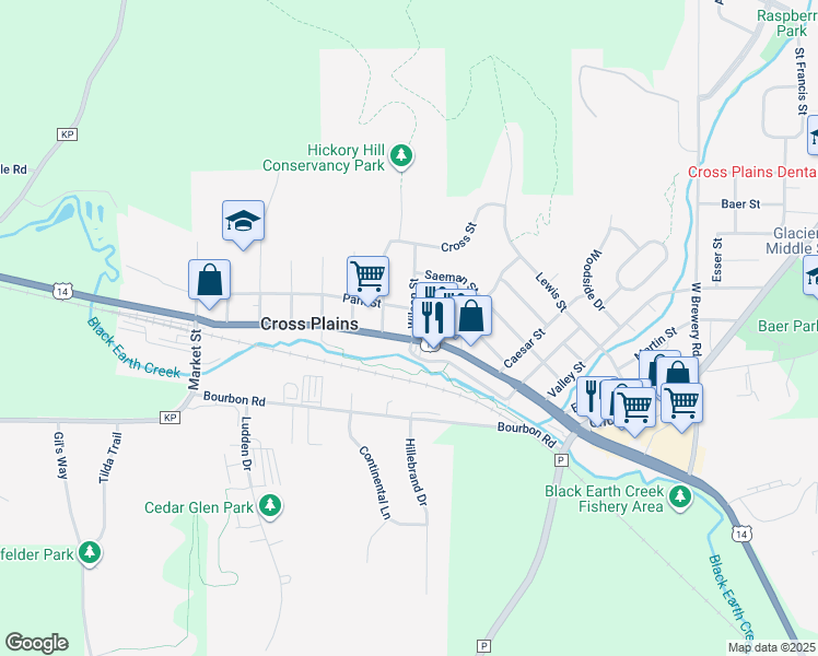 map of restaurants, bars, coffee shops, grocery stores, and more near 1721 Main Street in Cross Plains