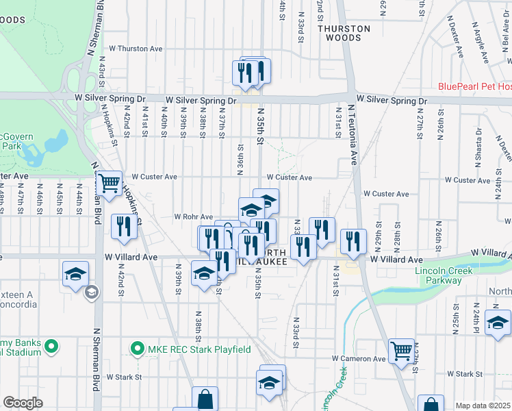 map of restaurants, bars, coffee shops, grocery stores, and more near 5319 North 35th Street in Milwaukee