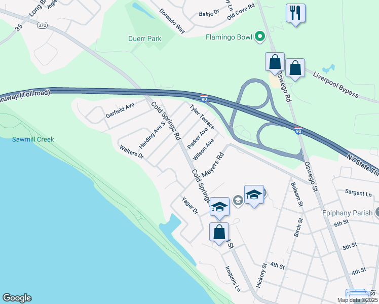 map of restaurants, bars, coffee shops, grocery stores, and more near 100 Parker Avenue in Liverpool