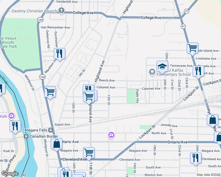map of restaurants, bars, coffee shops, grocery stores, and more near 1314 Calumet Avenue in Niagara Falls