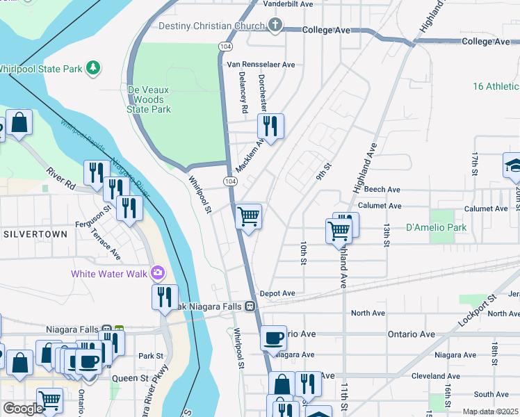 map of restaurants, bars, coffee shops, grocery stores, and more near 721 Monteagle Street in Niagara Falls