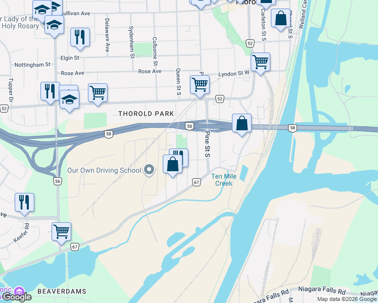 map of restaurants, bars, coffee shops, grocery stores, and more near 152 Queen Street South in Thorold