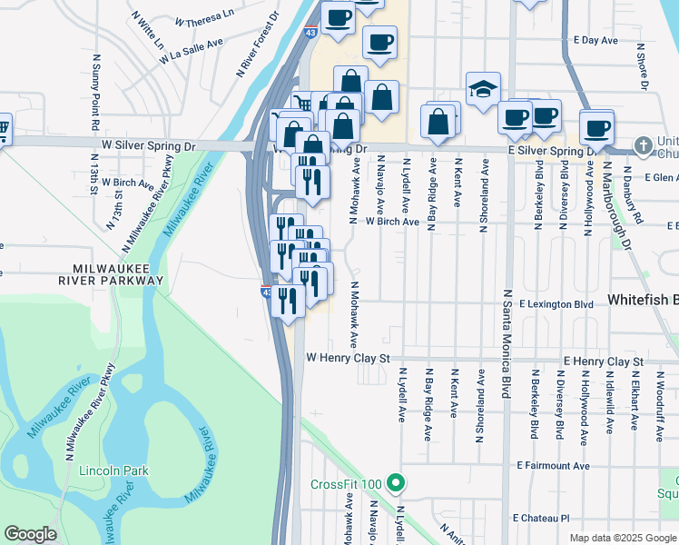 map of restaurants, bars, coffee shops, grocery stores, and more near 5345 North Mohawk Avenue in Milwaukee