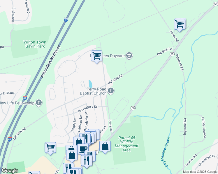 map of restaurants, bars, coffee shops, grocery stores, and more near 169 Perry Road in Saratoga Springs