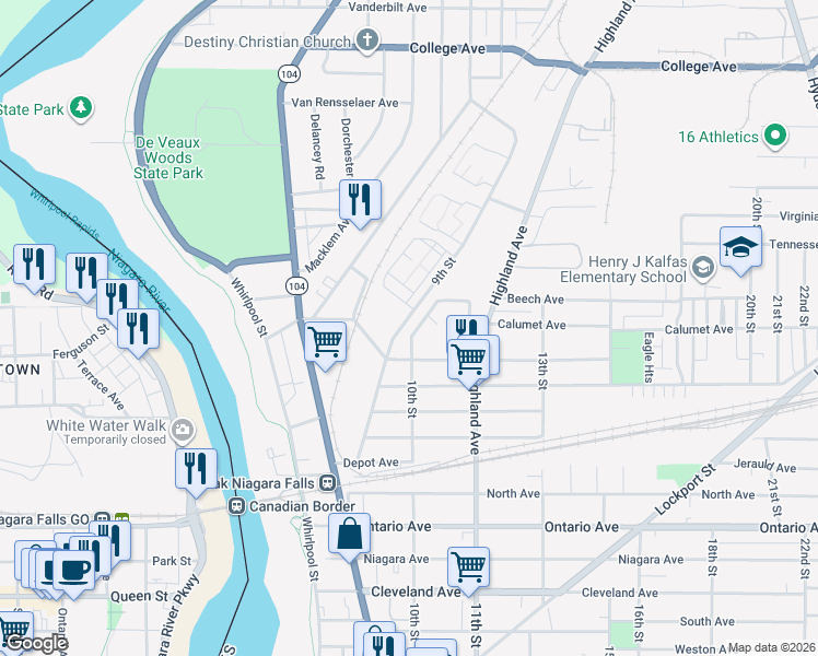 map of restaurants, bars, coffee shops, grocery stores, and more near 1d Robert E Easton Drive in Niagara Falls
