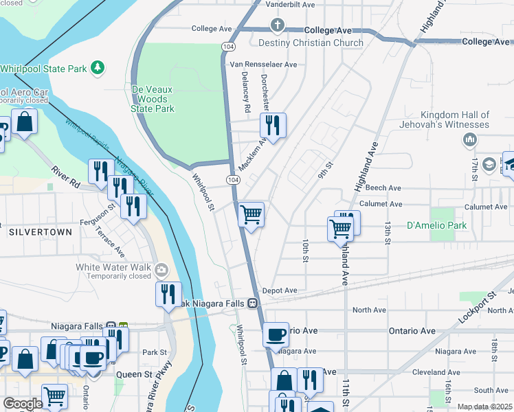 map of restaurants, bars, coffee shops, grocery stores, and more near 721 Monteagle Street in Niagara Falls