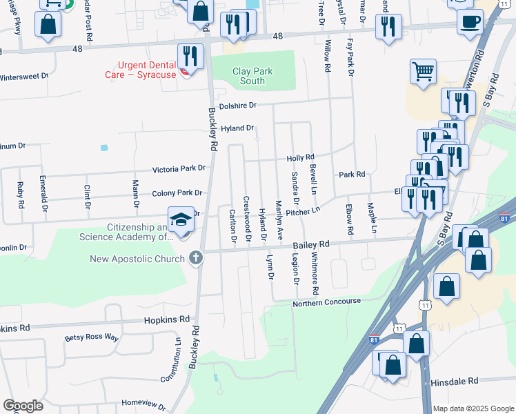 map of restaurants, bars, coffee shops, grocery stores, and more near 205 Hyland Drive in Syracuse