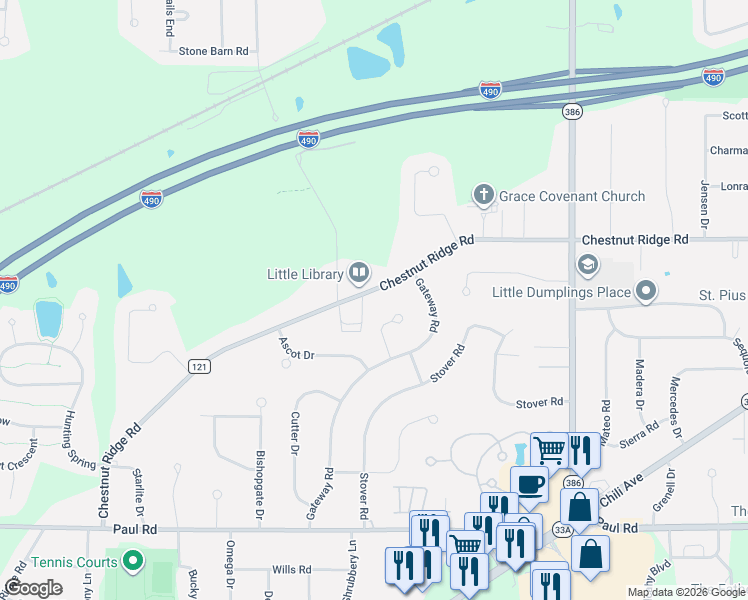 map of restaurants, bars, coffee shops, grocery stores, and more near 285 Chestnut Ridge Road in Rochester