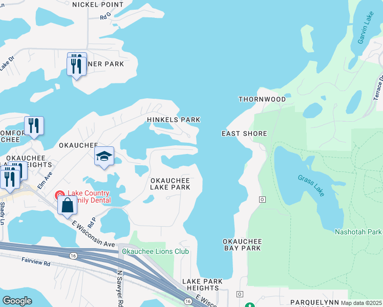 map of restaurants, bars, coffee shops, grocery stores, and more near N52W34231 Gietzen Road in Okauchee Lake