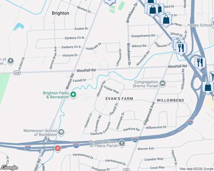 map of restaurants, bars, coffee shops, grocery stores, and more near 84 Poplar Way in Rochester